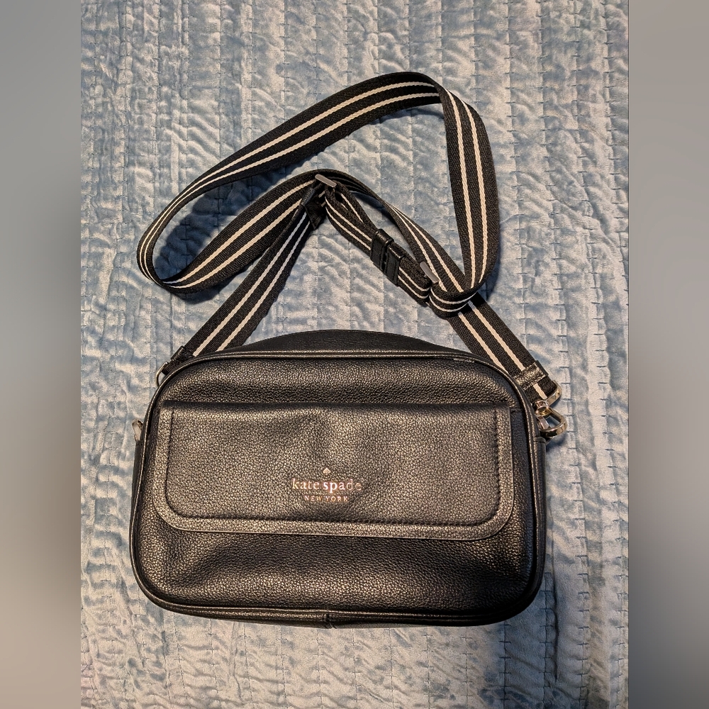 Kate Spade Black Leather Crossbody with Striped Strap